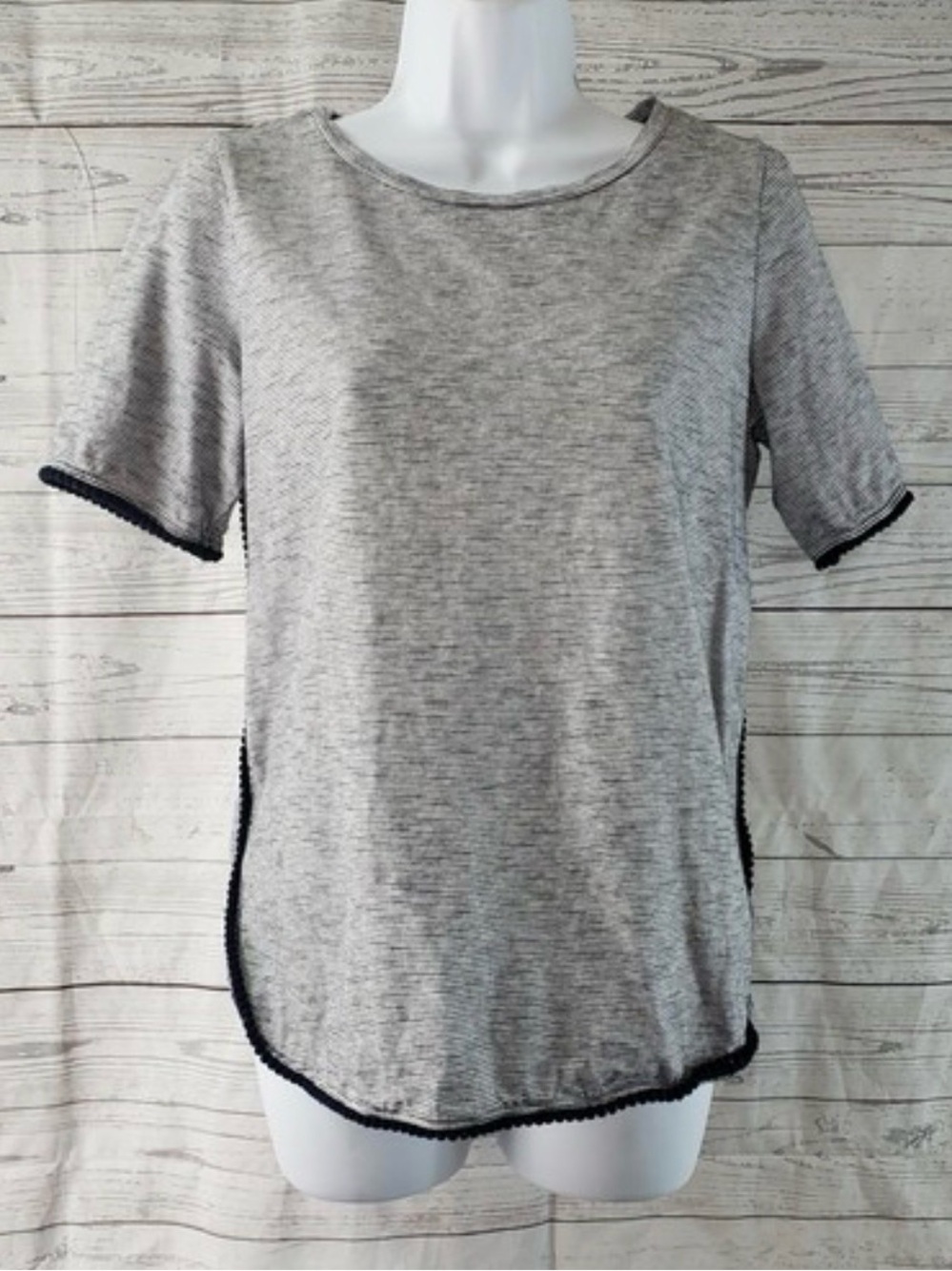 LOFT XL Navy Stripe Top with Pom-Pom Trim